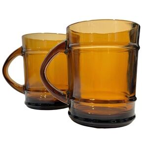 Vintage 1970s Fire King Amber Glass Barrel Mugs (2) Anchor Hocking Made in USA